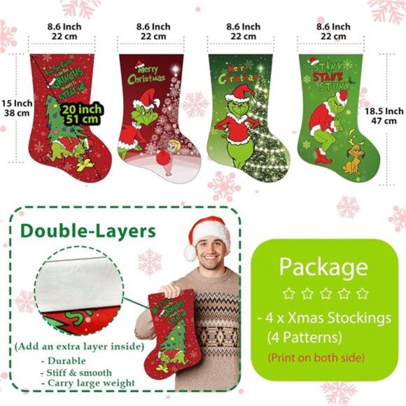 4 Pack Grinch Christmas Stockings, 18 Inch Large‎ Holiday Decor for Home Indoor - Picture 2 of 7